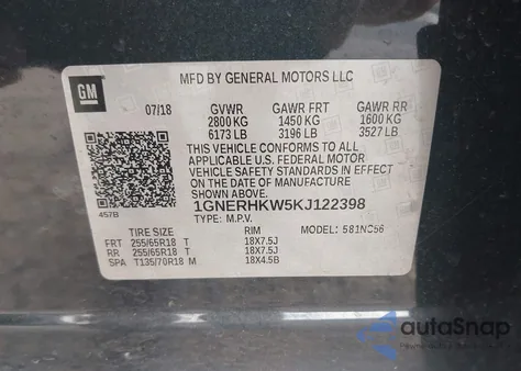 2019 Chevrolet Traverse 3Lt из США, поврежденный, VIN 1GNERHKW5KJ122398